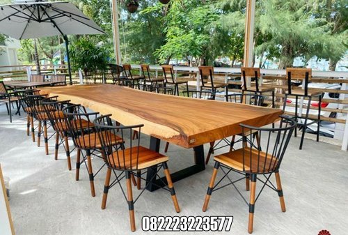 Meja Cafe Kayu Trembesi Panjang Solid 12 Kursi Kombinasi Besi